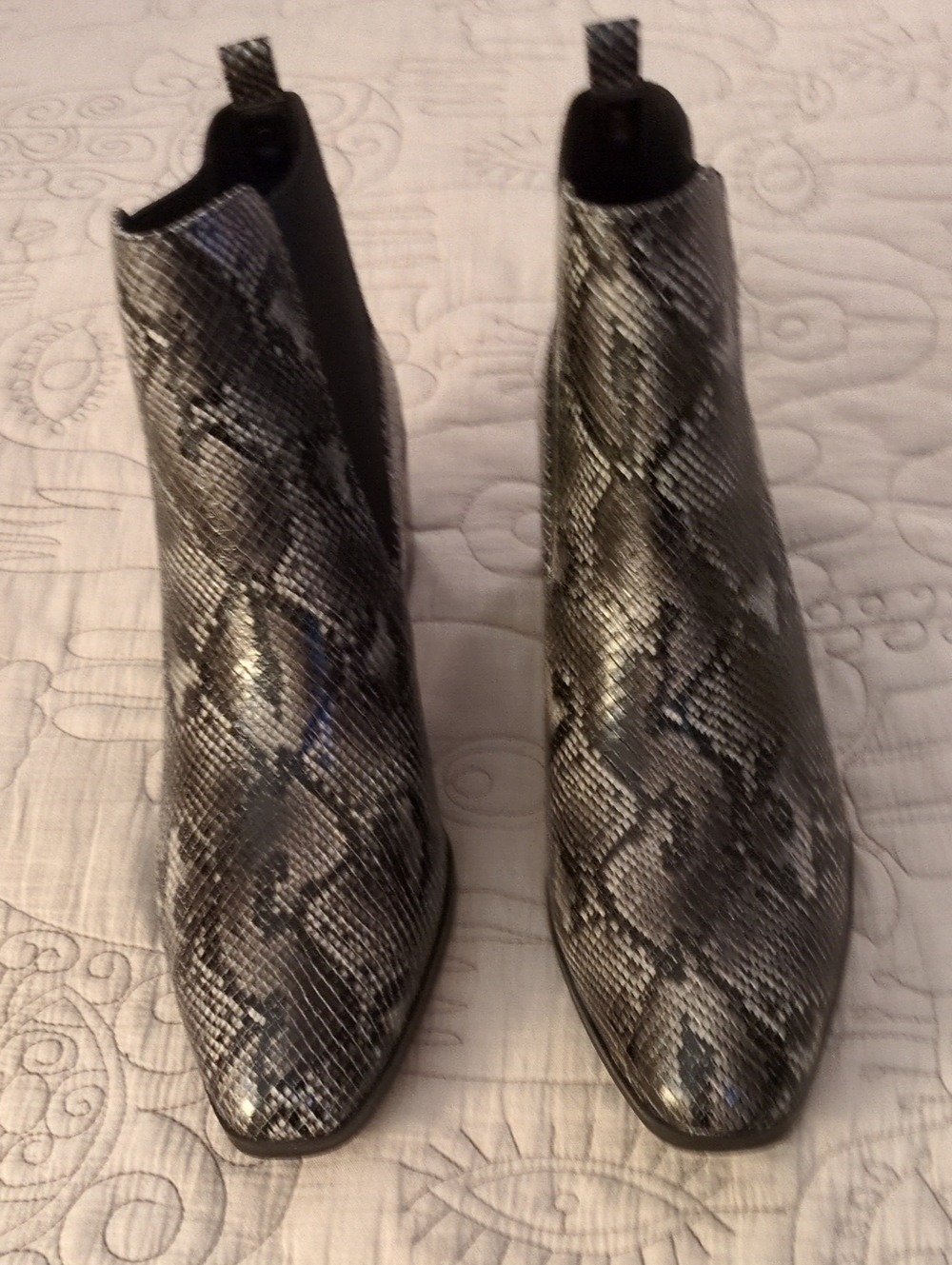 Anne Klein Black+ Gray Snake-Print Chelsea Ankle Boots